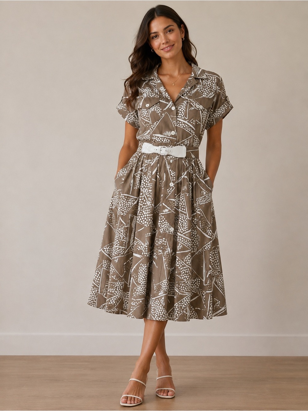 Taupe Graphic Print Midi Shirt-Dress